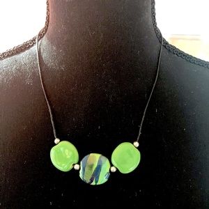 NEW HAND CRAFTED CERAMIC & STERLING SILVER BEADED LEATHER CORD NECKLACE, CHOKER